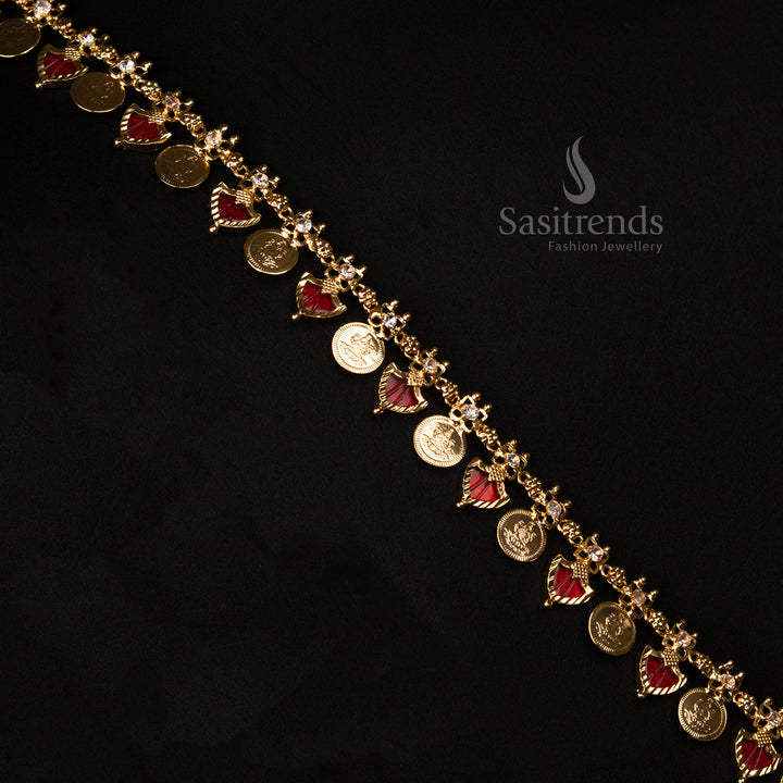 Temple Red Kerala Palakka Lakshmi Coin Long Necklace – Micro Gold Plated One Gram Flexible Chain Elegant Bridal Ceremonial Jewellery for Royal Ethnic Charm - Sasitrends