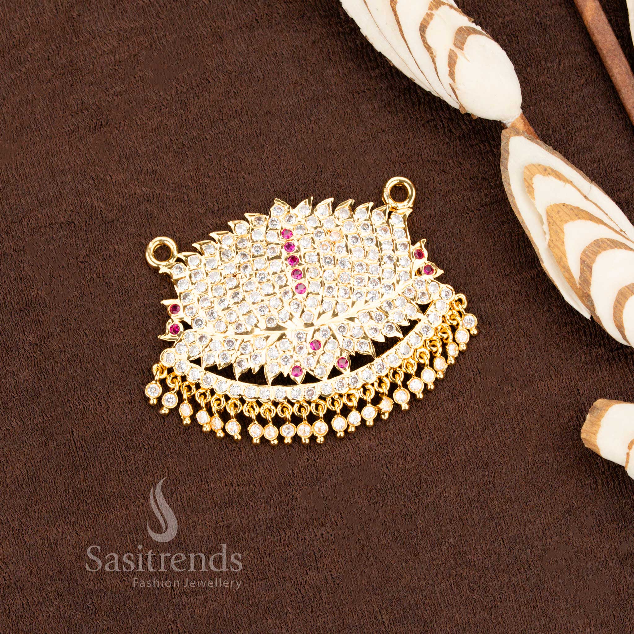 Traditional Lotus Design Pendant in Micro Gold – Festive Wear with Hanging Beads - Sasitrends