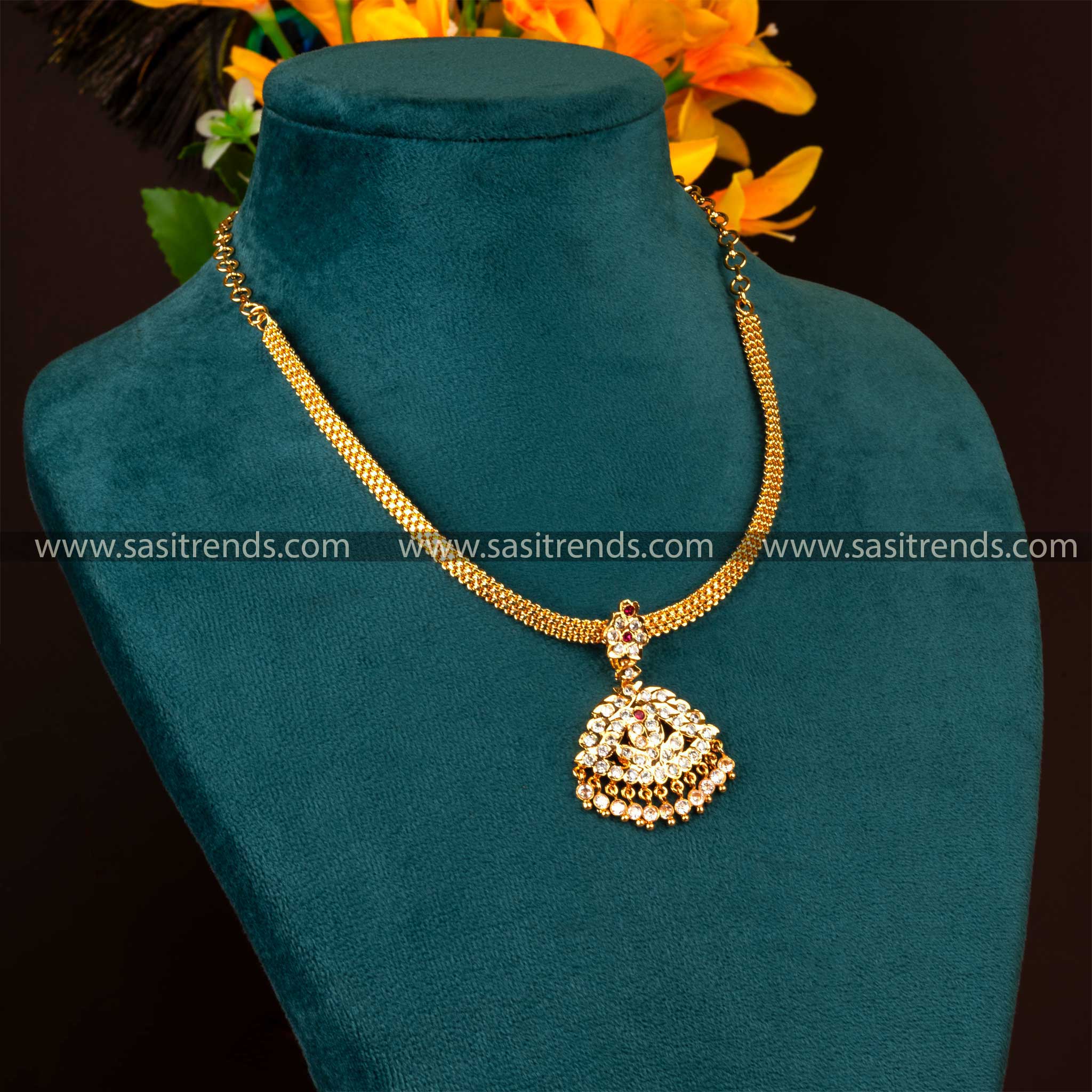 Addigai Design Elegant Traditional Gold Plated Attigai Necklace with American Diamond ...