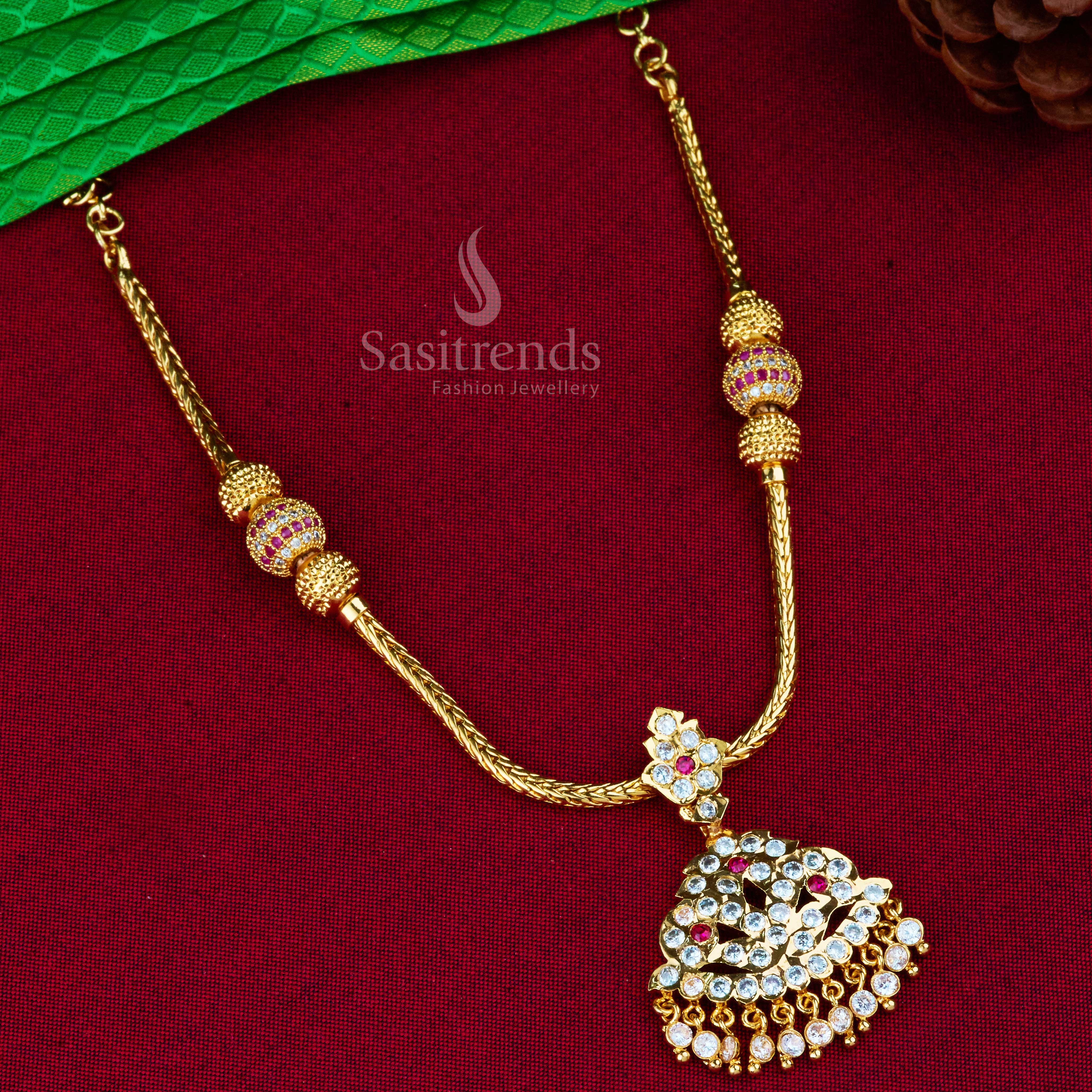Auspicious Attigai necklace in micro gold with sparkling American diamonds and intricate temple-style designs, crafted for festive traditional jewellery wear and spiritual celebrations – Sasitrends

