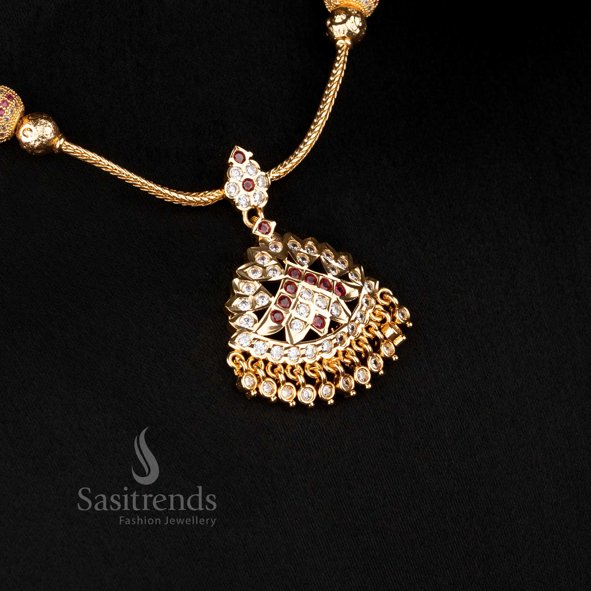 Traditional & wedding wear Impon addigai micro gold white ruby AD stone necklace with fan-layered AD stone pendant structure - Sasitrends