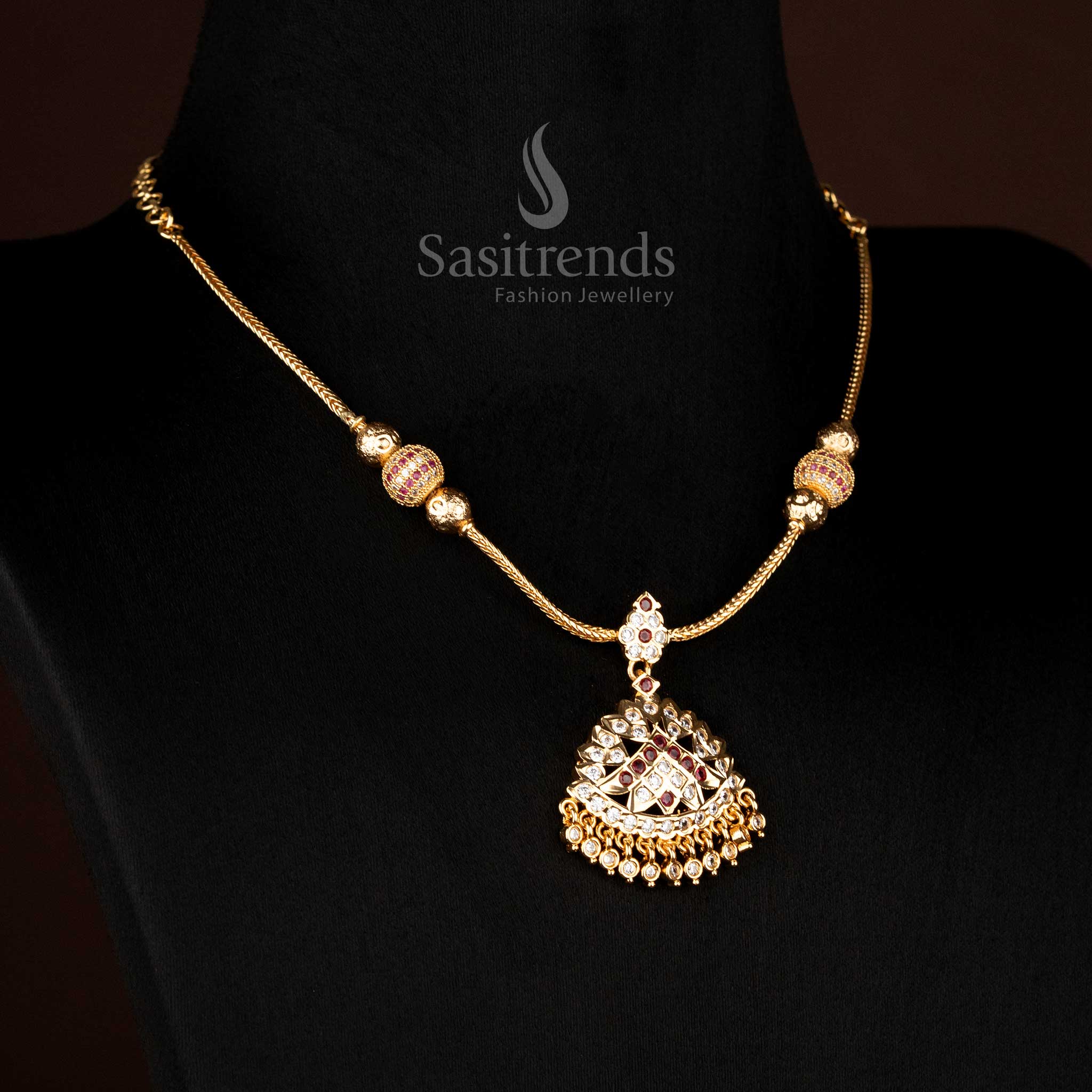 Guaranteed Impon addigai one gram 24k micro gold white ruby AD stone necklace with fan-layered AD stone pendant structure - Sasitrends