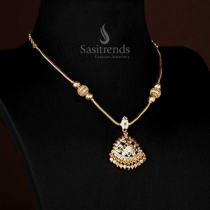 Impon Addigai Micro Gold AD Stone Necklace with Fan-Layered Pendant and Floral Connector – 24K Pure Gold Plated