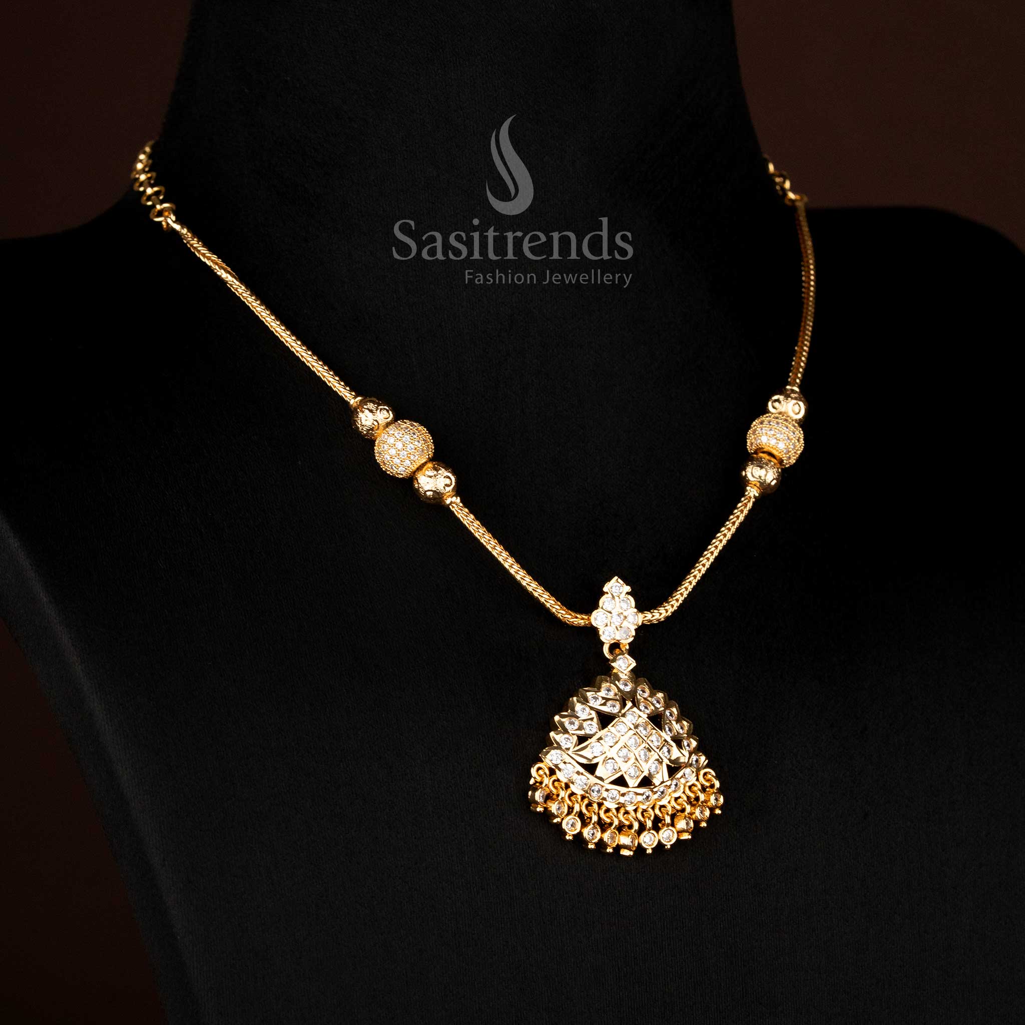 Real gold look Impon addigai micro gold white AD stone necklace with fan-layered AD stone pendant structure - Sasitrends