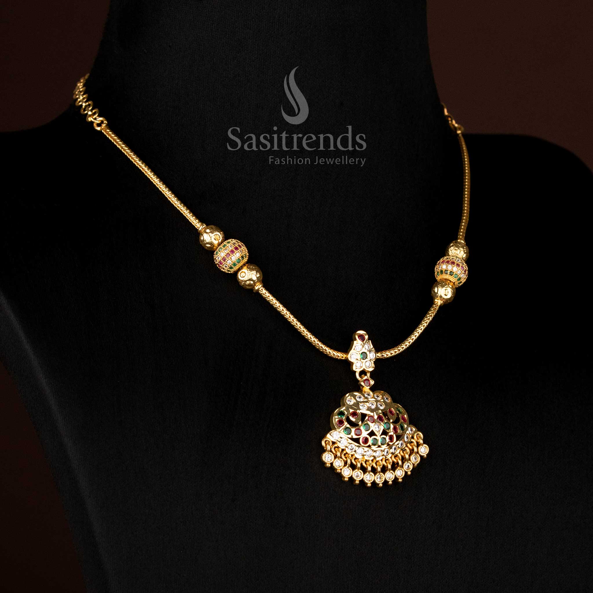 Temple style necklace with layered AD pendant and bead hanging structure