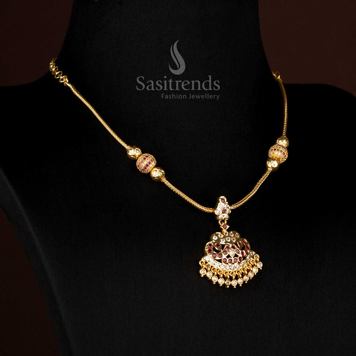 Temple style necklace with layered AD pendant and bead hanging structure