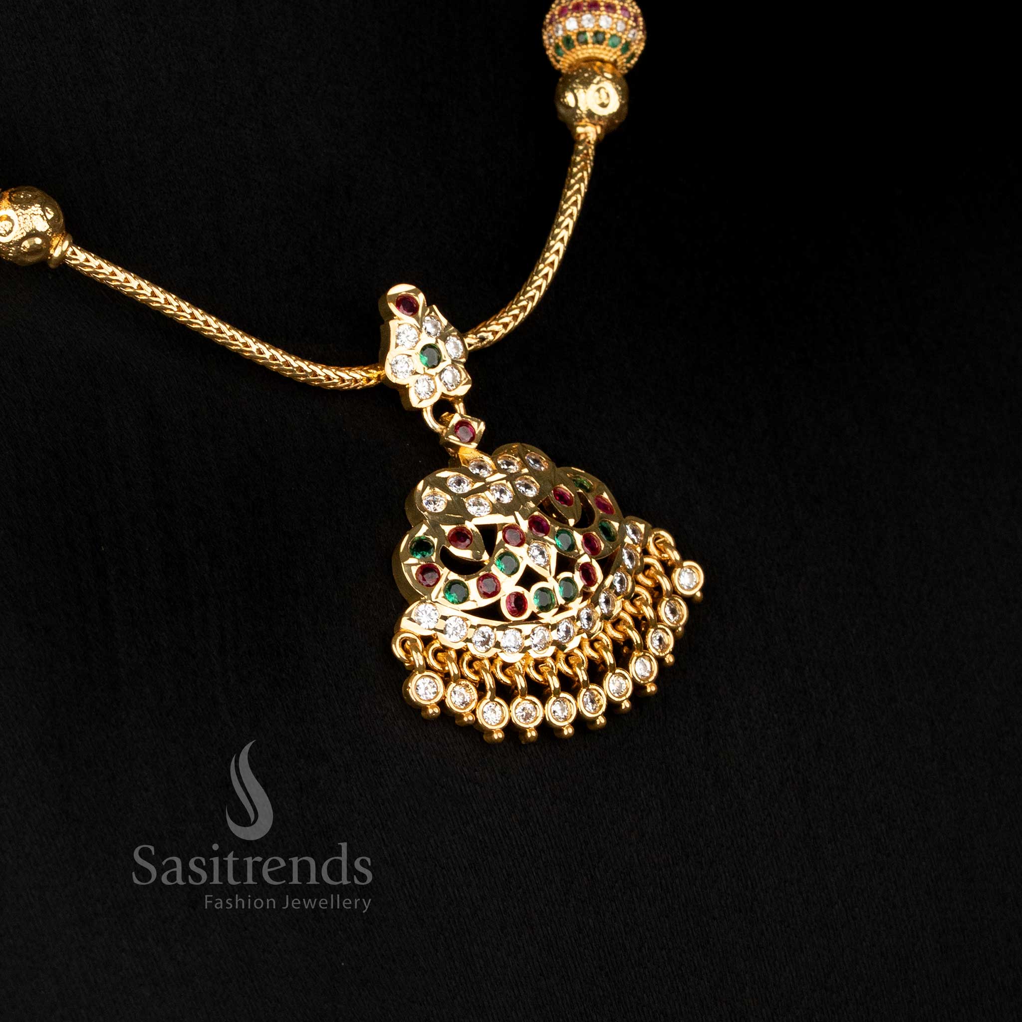 Temple style necklace with layered AD pendant and bead hanging structure