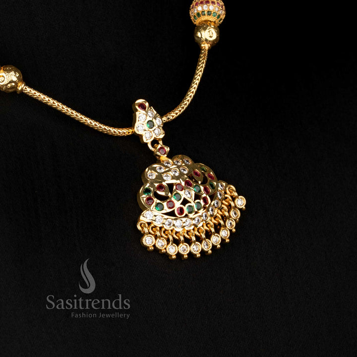 Temple style necklace with layered AD pendant and bead hanging structure