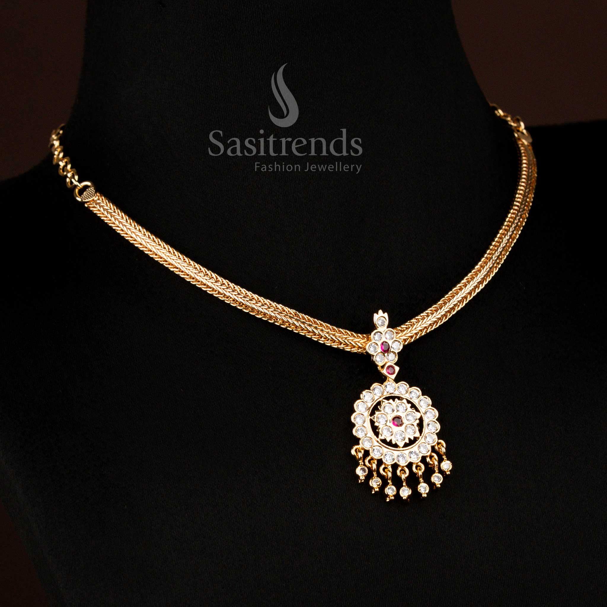 Sophisticated traditional Attigai pendant necklace, showcasing an elegant design with micro gold plating and finely set AD stones, a timeless piece from Sasitrends