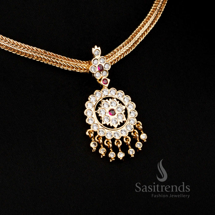 Sophisticated traditional Attigai pendant necklace, showcasing an elegant design with micro gold plating and finely set AD stones, a timeless piece from Sasitrends