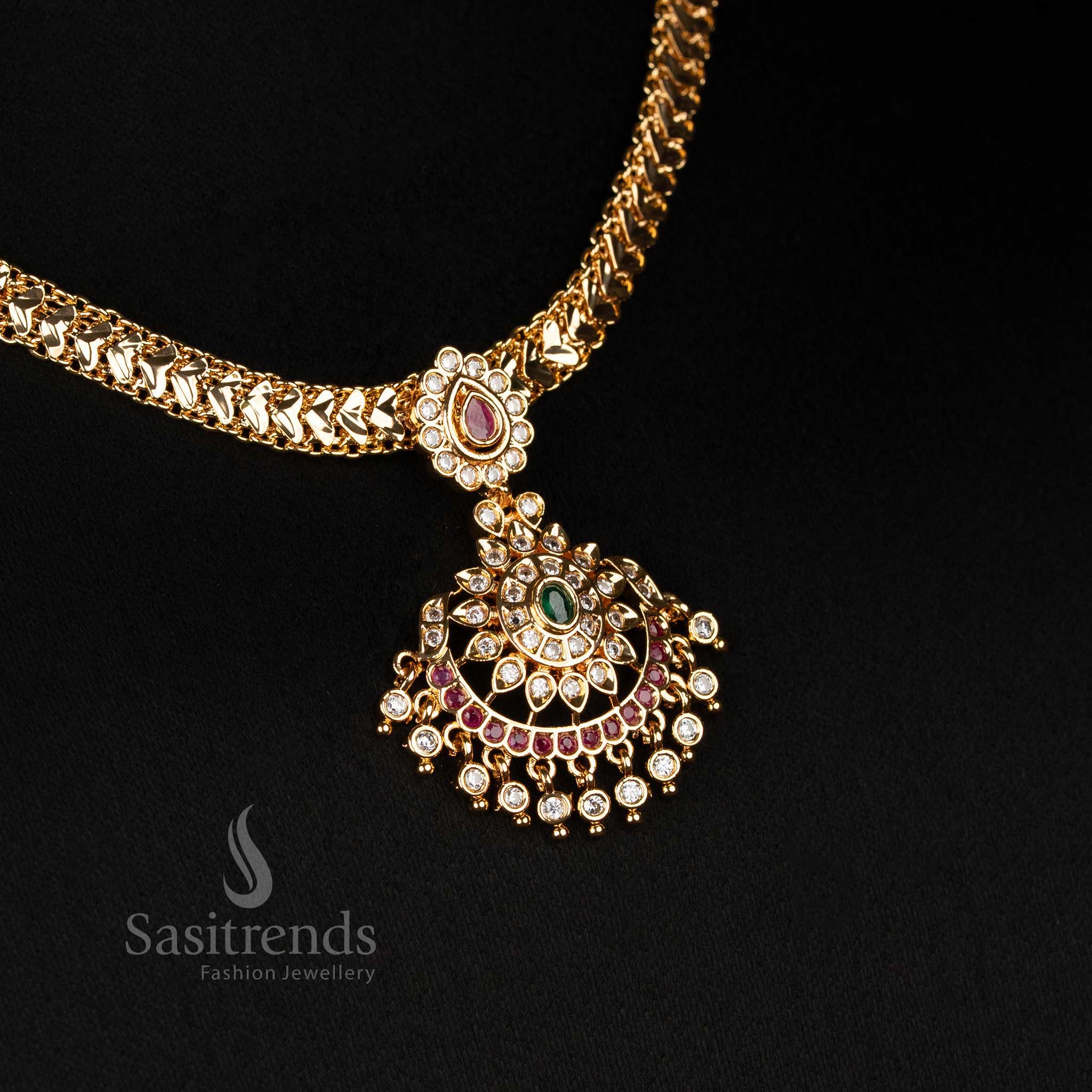 Close-up of richly detailed Micro Gold Plated Impon Addigai pendant with sparkling ADs, accent stones, and delicate drops on a heart chain, SKU 2250E.