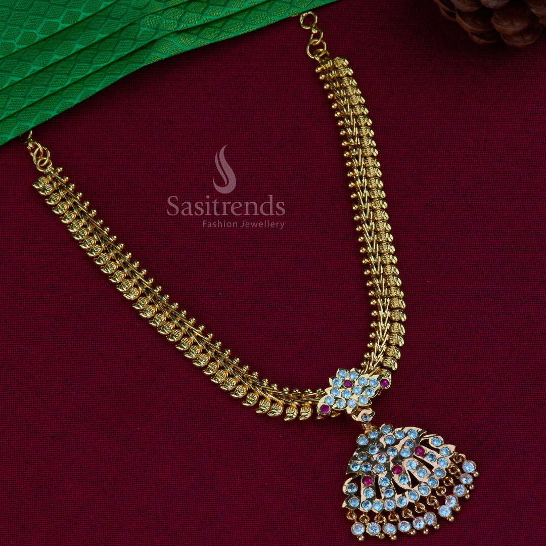 Grand mango design Attigai necklace in radiant micro gold polish, embellished with sparkling American diamonds, exuding traditional South Indian bridal jewellery glory for weddings and rituals – Sasitrends