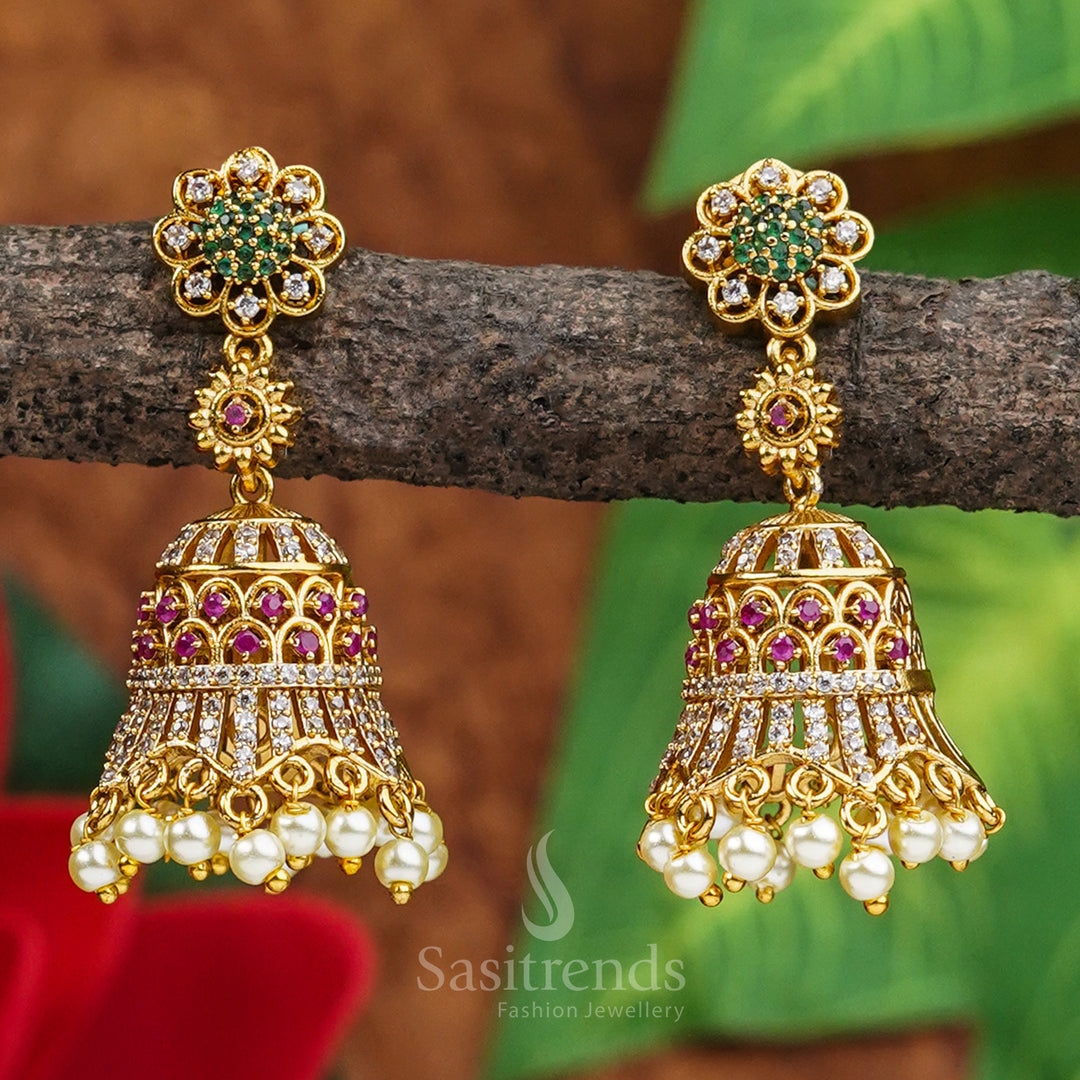 Temple matte gold plated multi-colour American diamond stone earrings with pearl drops for festive elegance and traditional jewellery glow - Sasitrends