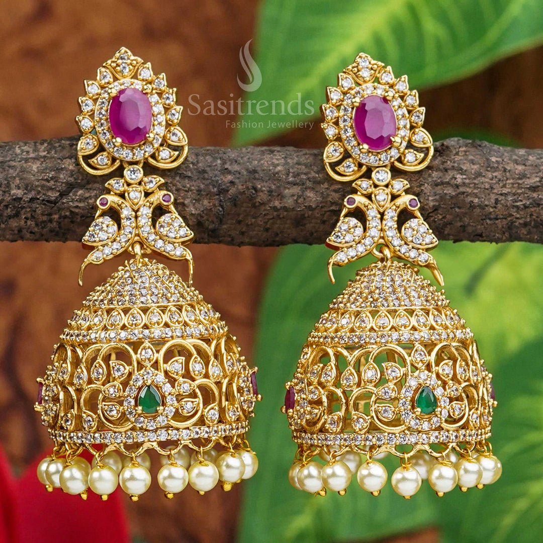 Traditional Jhumka Earrings | Matte Gold Plated | Multi Color Stone - Sasitrends