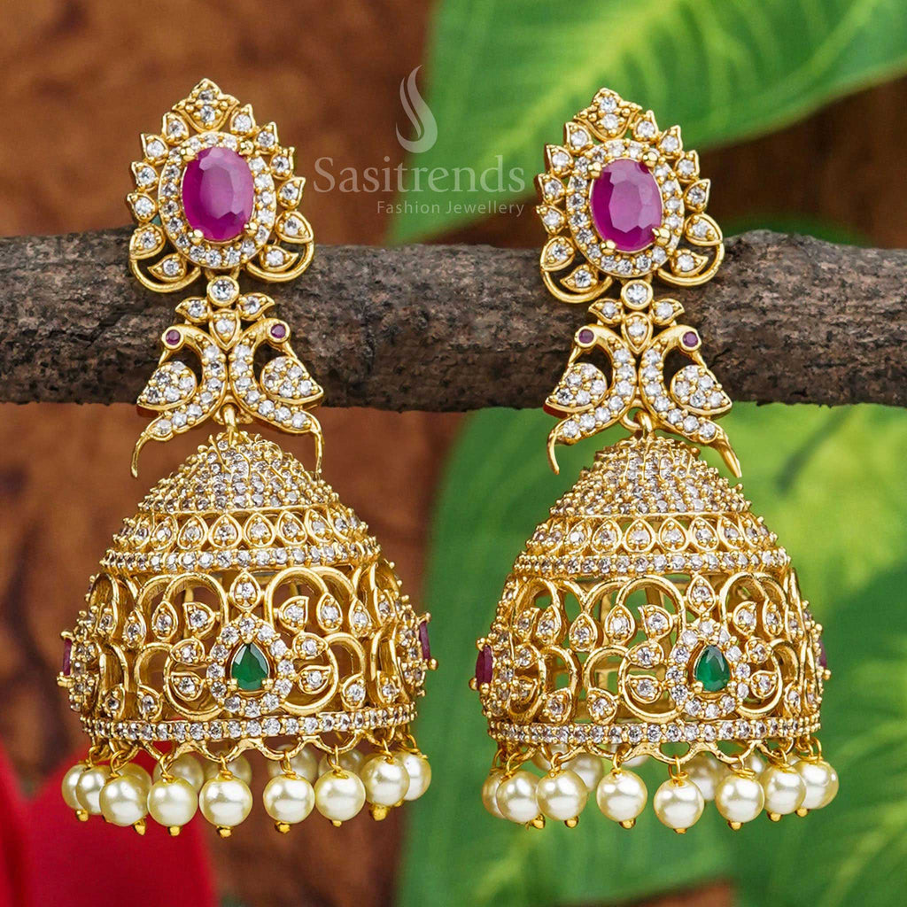 Matte Gold Plated Bridal Jhumka Earrings Peacock Motif AD