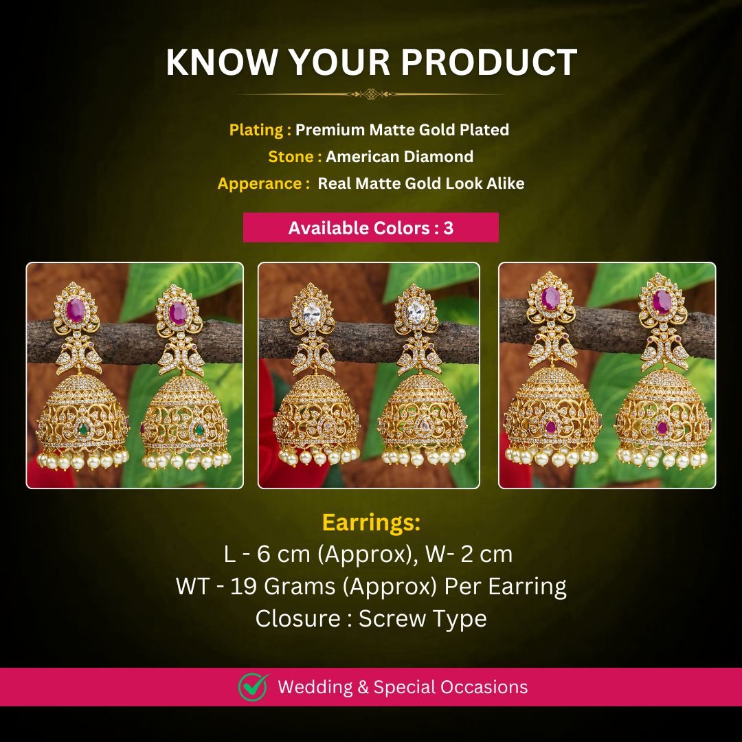 Matte gold plated AD earrings measurement image - Sasitrends