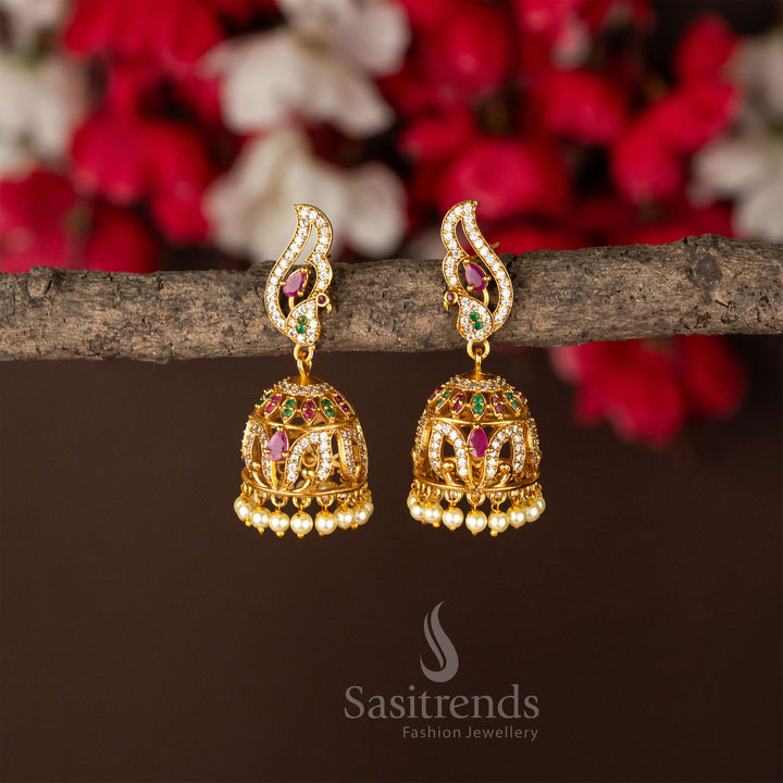 Vibrant multi-stone peacock jhumka earrings with temple matte gold plating, showcasing artistic detailing and traditional jewellery charm - Sasitrends
