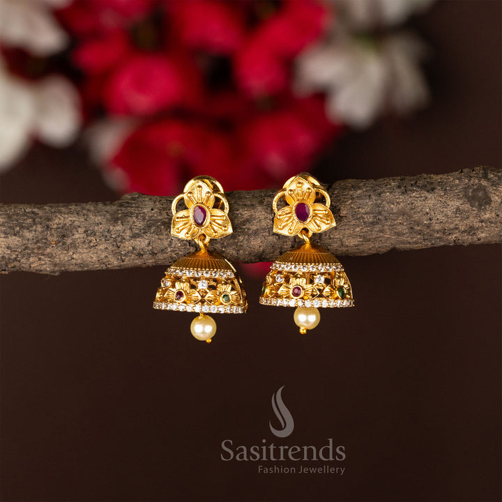 Exquisite Temple Matte Gold Plated Flower Designer Jhumka Earrings - Traditional Wear