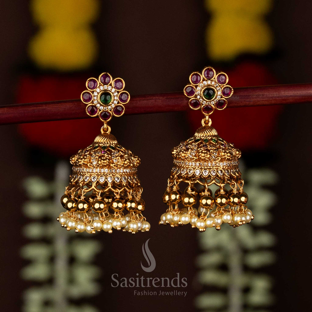 Sasitrends Matte Gold Kemp Flower Jhumka Earrings with Multi AD Stones and Pearl Drops
