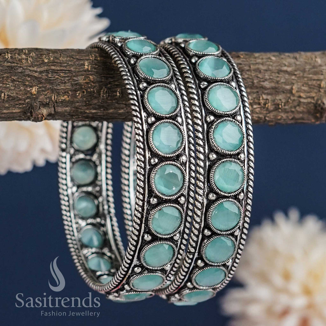 Trendy Thick Bangle Pair with Mint Monalisa Stones - Traditional and Party Wear Jewelry