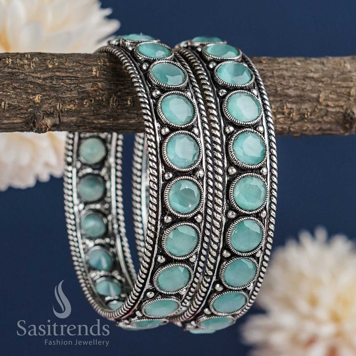 Mesmerizing Oxidised Silver Look Bangles Pair with Mint Monalisa Stones