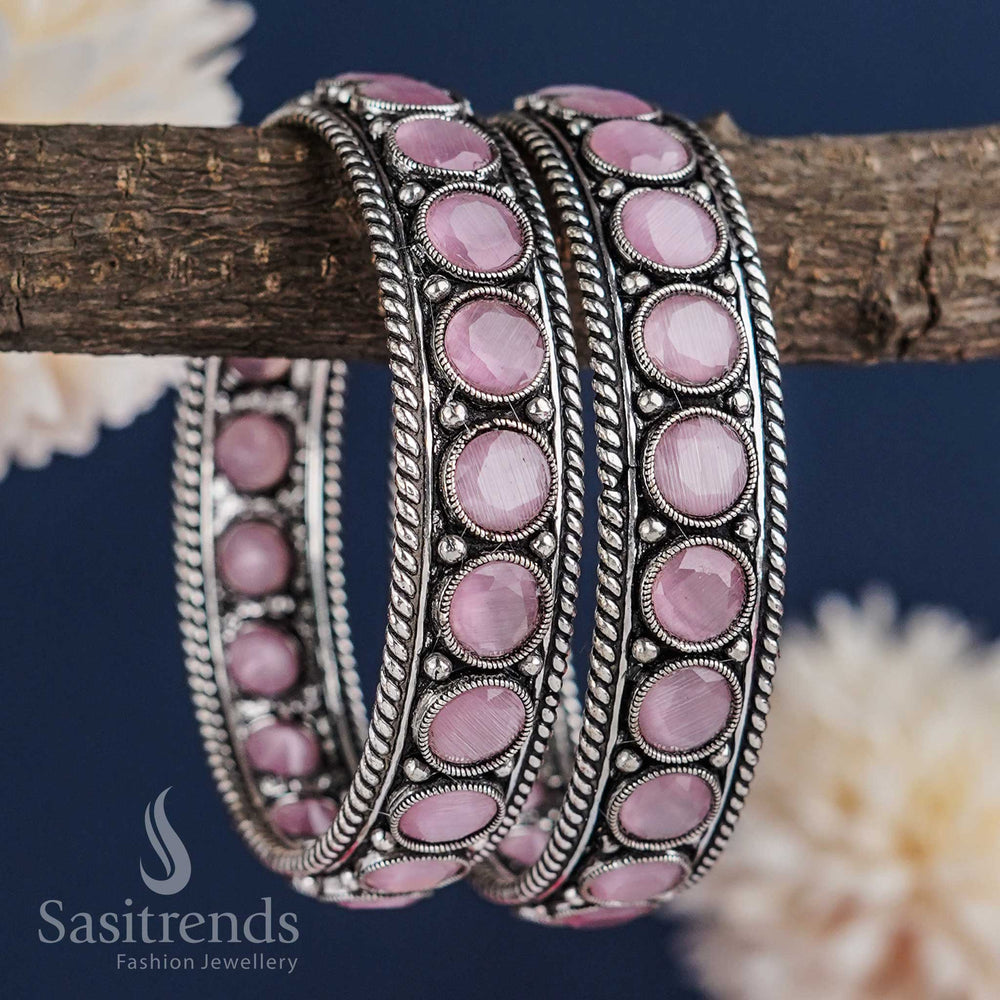 
Trendy Thick Bangle Pair with Pink Monalisa Stones - Traditional and Party Wear - Sasitrends
