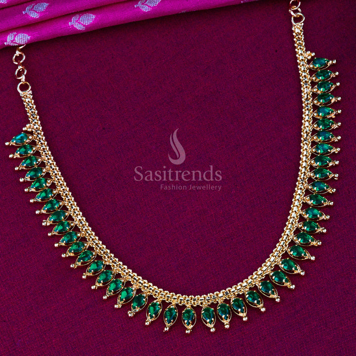 Gorgeous green American diamond jewellery set with micro gold plating, crafted for ethnic, trendy bridal fashion wear - Sasitrends