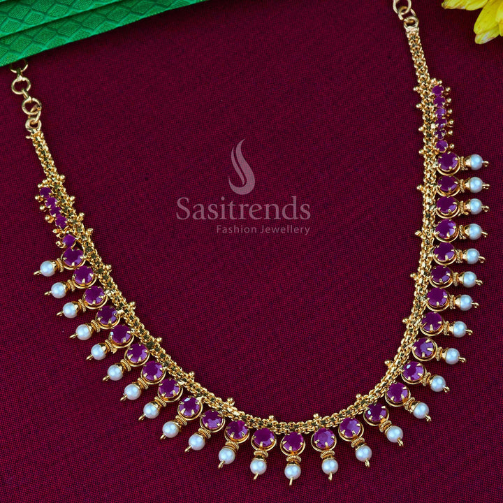 Graceful micro gold plated pearl necklace in vibrant ruby shade, adorned with AD stones and temple-inspired jewellery style ideal for wedding functions and sacred events – Sasitrends

