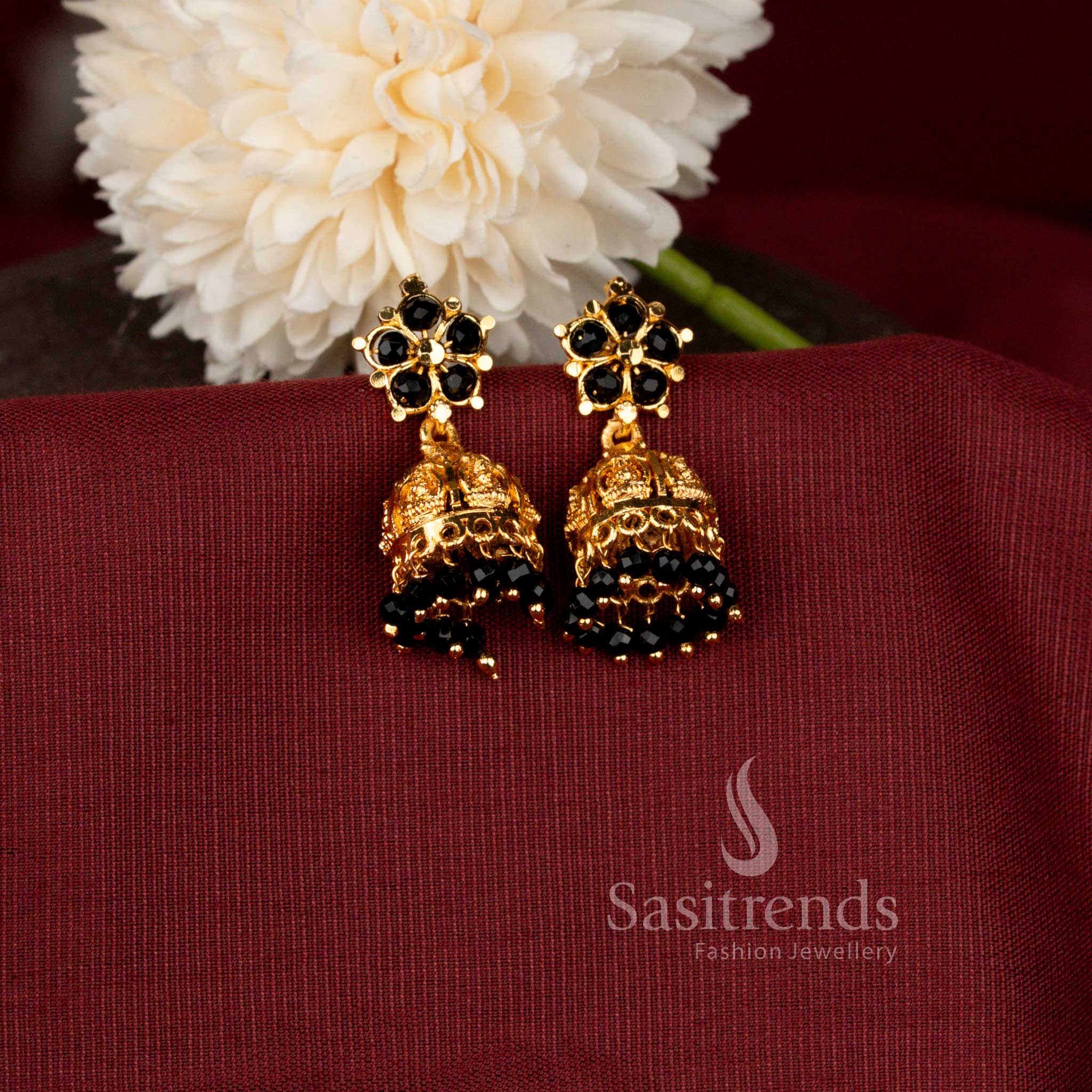 Traditional Floral Design Micro Gold Plated Jhumka Earrings with Intricate Filigree Work - Sasitrends