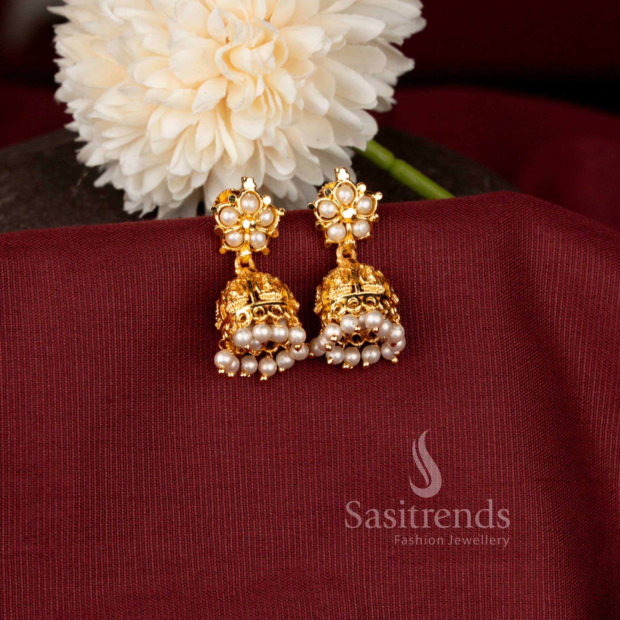 Traditional Floral Design Micro Gold Plated Jhumka Earrings with Intricate Filigree Work - Sasitrends