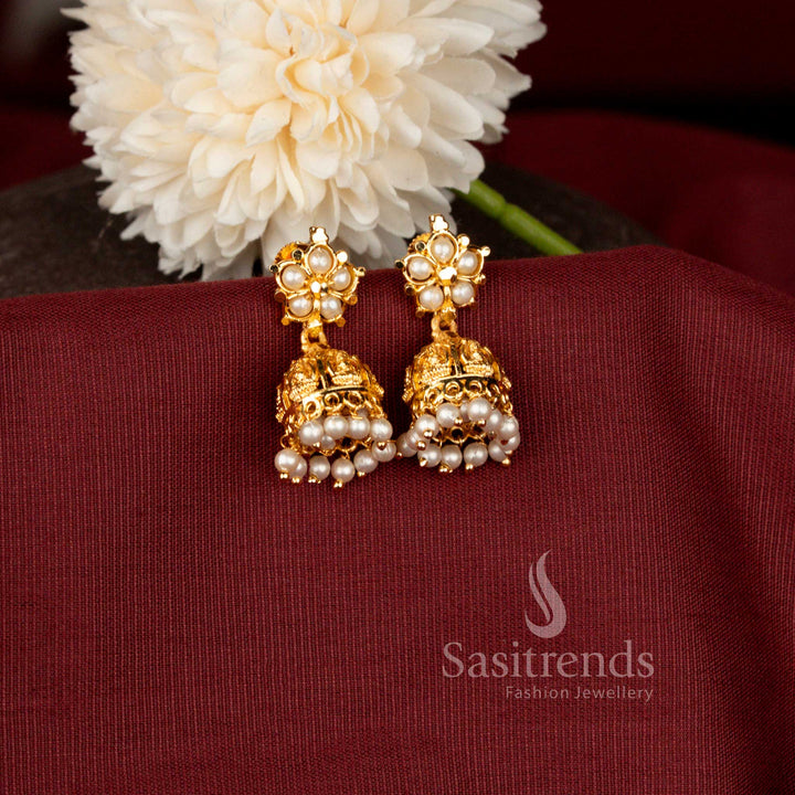 Traditional Floral Design Micro Gold Plated Jhumka Earrings with Intricate Filigree Work - Sasitrends