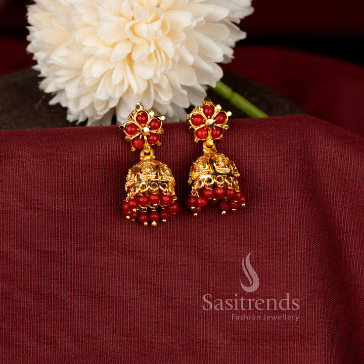 Micro Gold Plated Traditional Filigree Blossom Jhumka Earrings with Hanging Gold Beads - Sasitrends