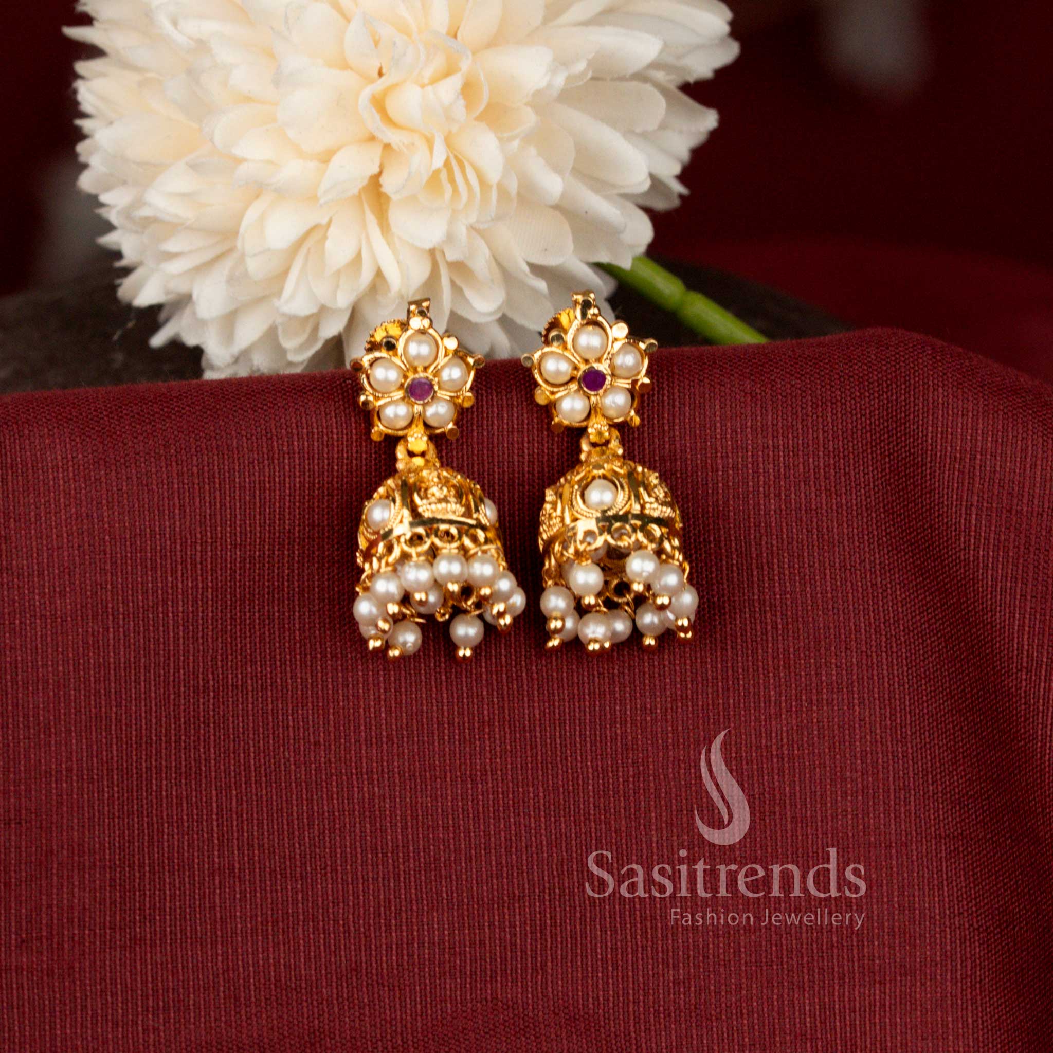 Traditional Floral Design Micro Gold Plated Jhumka Earrings with Intricate Filigree Work - Sasitrends