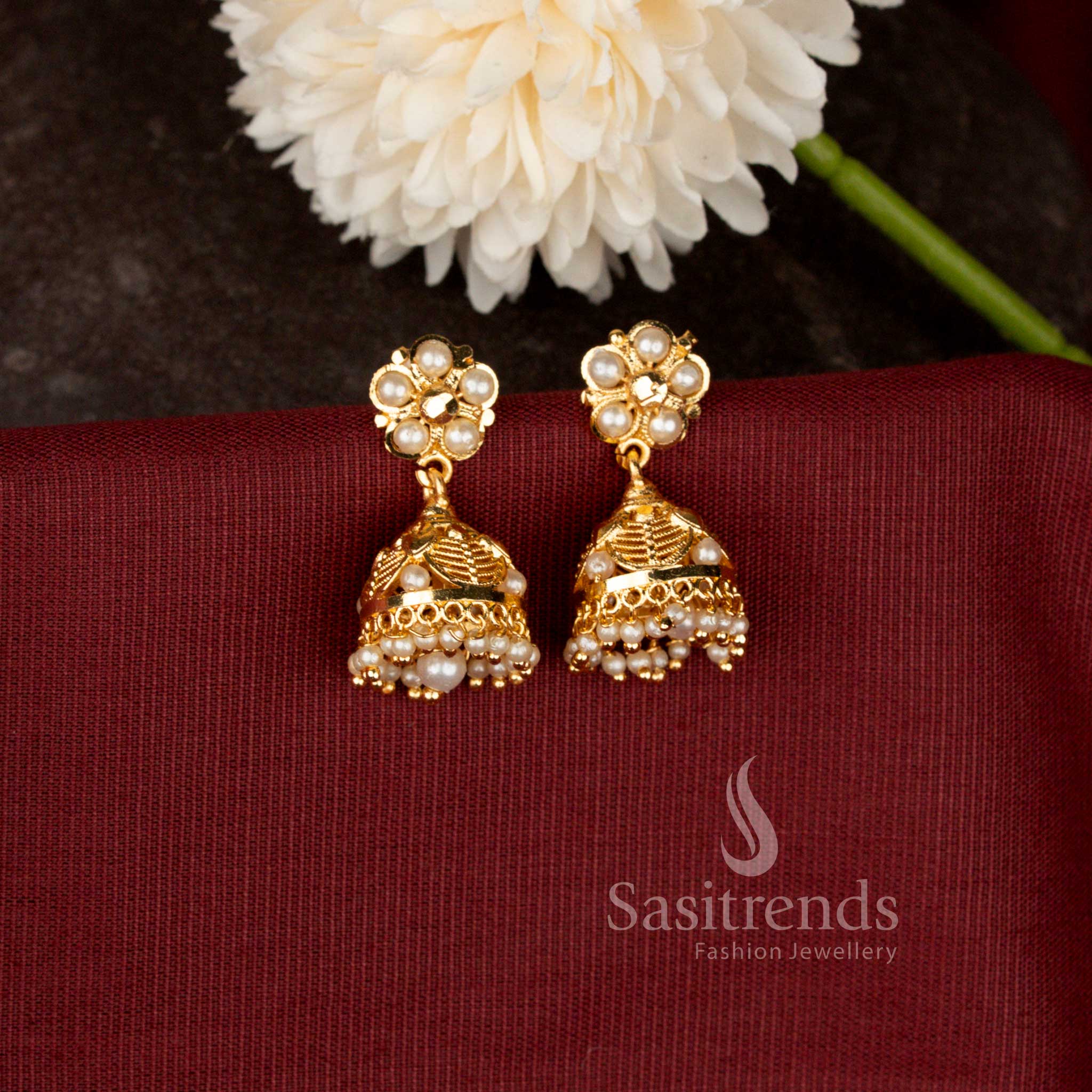 Micro Gold Plated Traditional Filigree Blossom Jhumka Earrings with Hanging Gold Beads - Sasitrends
