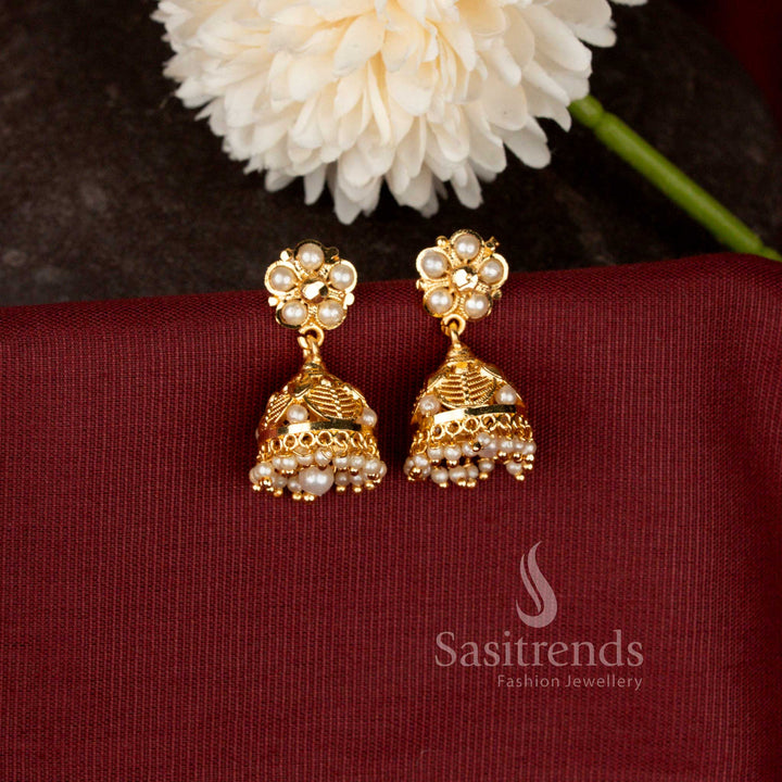 Micro Gold Plated Traditional Filigree Blossom Jhumka Earrings with Hanging Gold Beads - Sasitrends