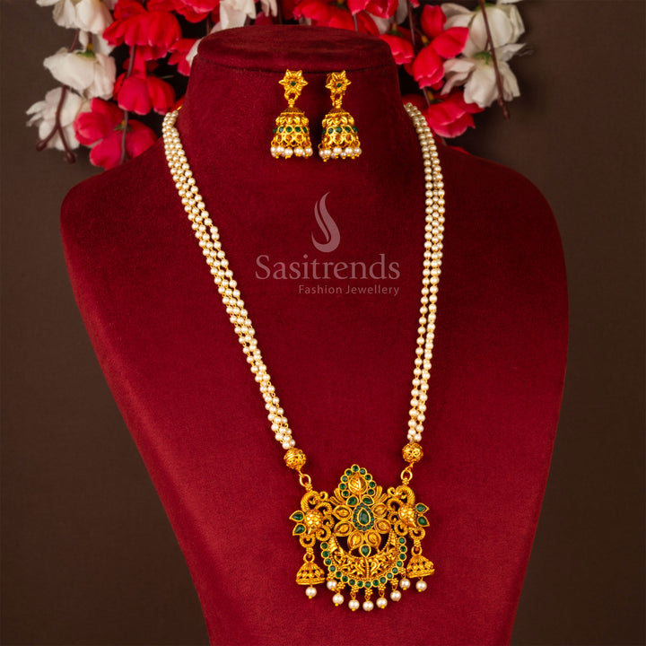 Classic Temple Wear Matte Gold Floral Pendant Necklace Jewellery Set with Matching Flower Jhumka