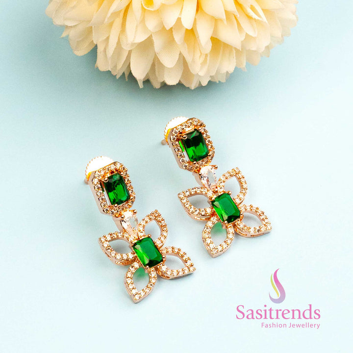 Emerald Wing Whisper earrings with green AD stones in rose gold butterfly design – festive jewellery choice for women – Sasitrends