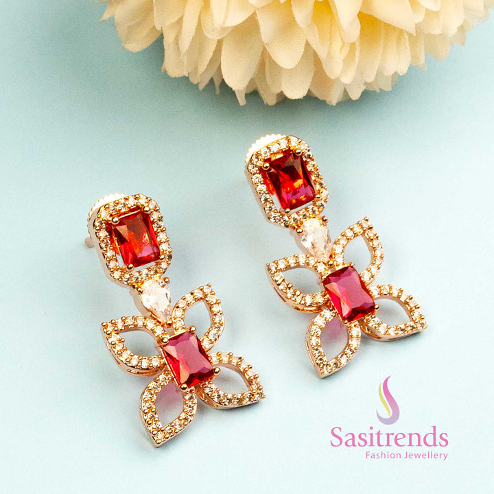 Bold Ruby Flutter rose gold earrings with rich red American Diamonds – festive butterfly style jewellery – Sasitrends