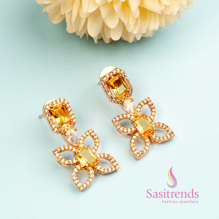 Sunbeam Flutter Charm rose gold butterfly earrings with yellow AD stones – perfect for bright party and festive looks – Sasitrends