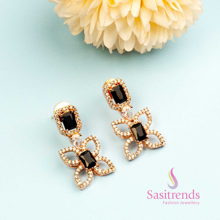 Midnight Flight Spark butterfly-shaped rose gold earrings with black stones – modern jewellery styling for ethnic and western outfits – Sasitrends