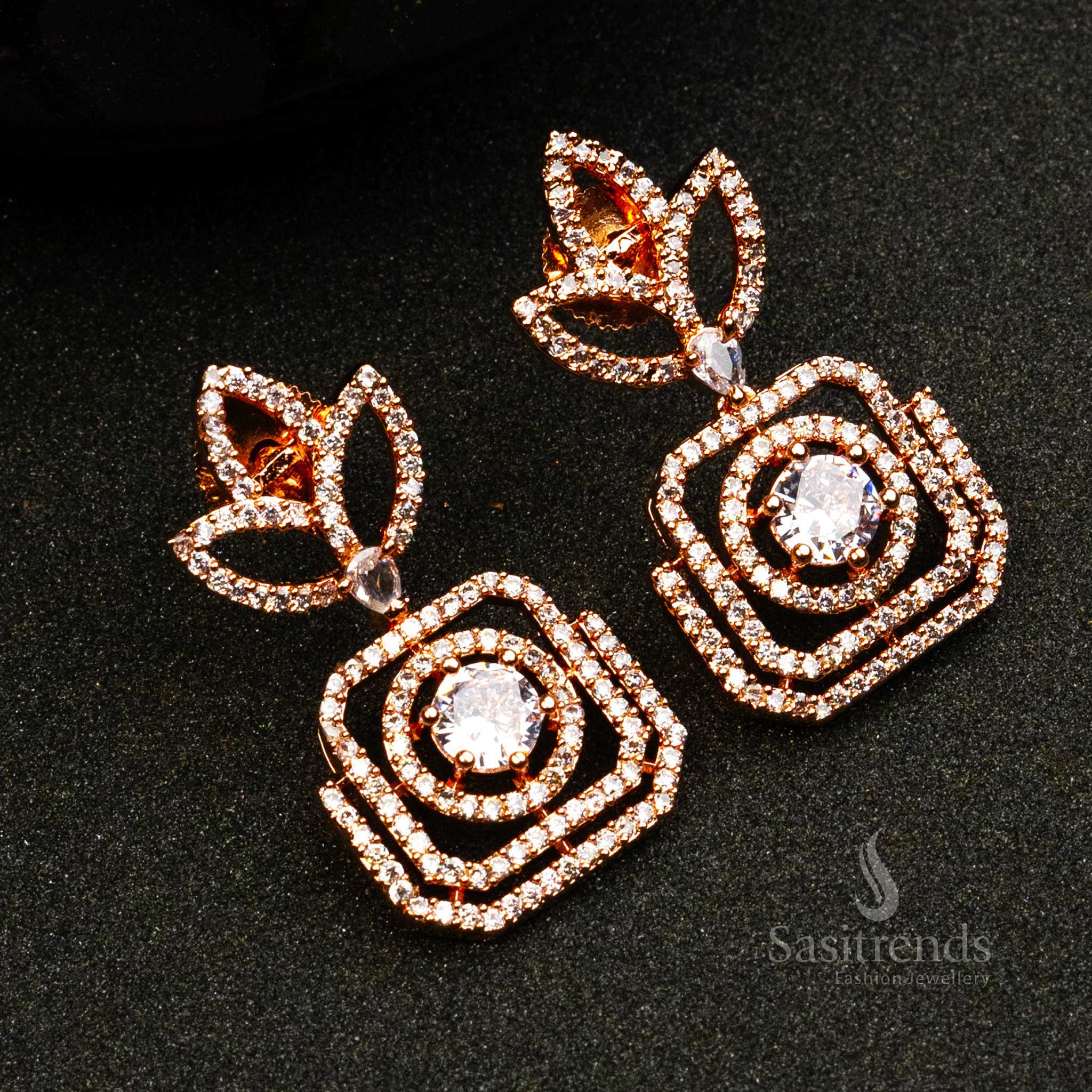 Crystal Royal Bloom earrings with white AD stones and rose gold finish – glamorous ethnic jewellery for women – Sasitrends