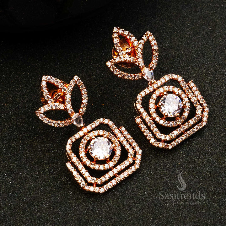 Crystal Royal Bloom earrings with white AD stones and rose gold finish – glamorous ethnic jewellery for women – Sasitrends