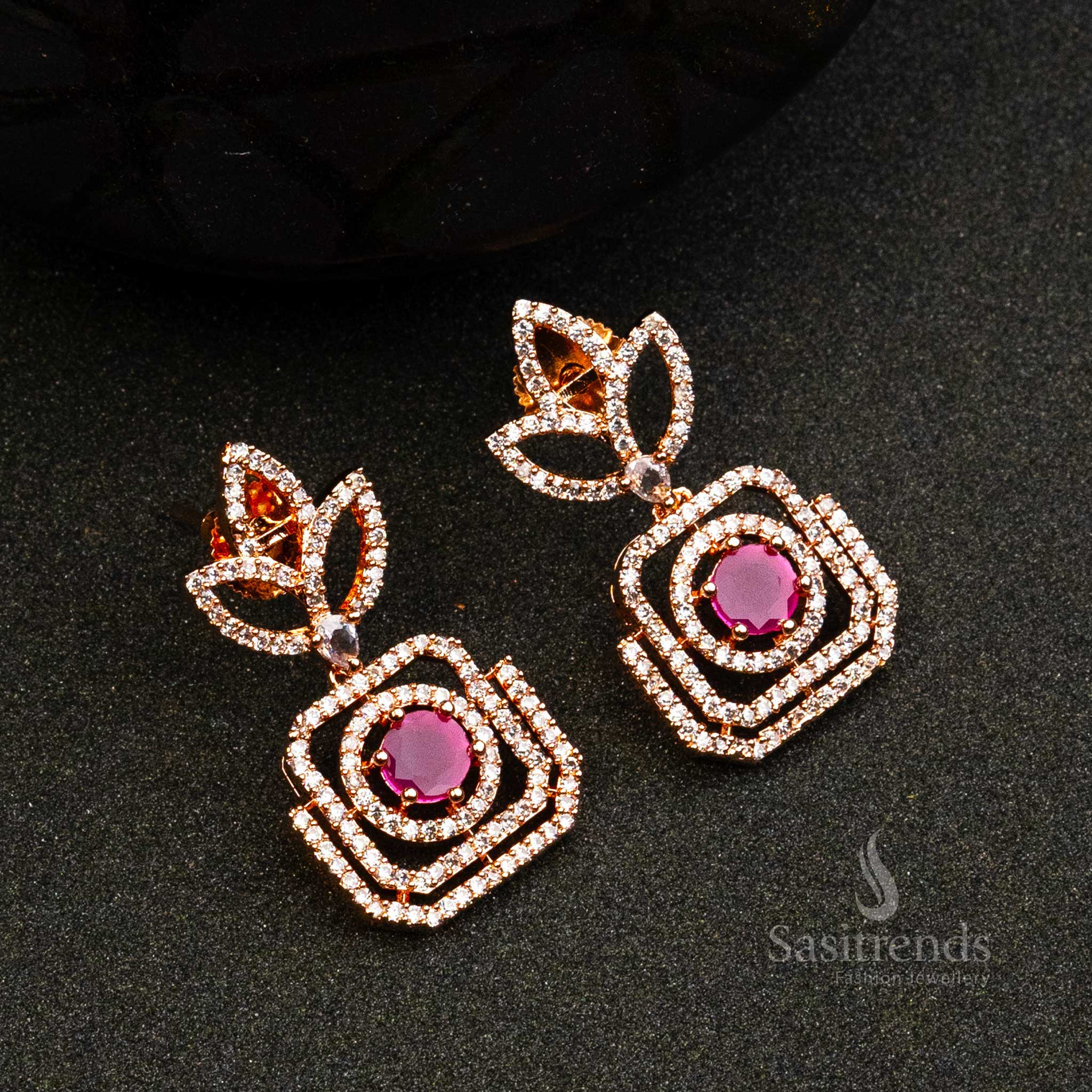 Scarlet Duchess Charm earrings with ruby American Diamonds in rose gold – stylish partywear jewellery piece – Sasitrends
