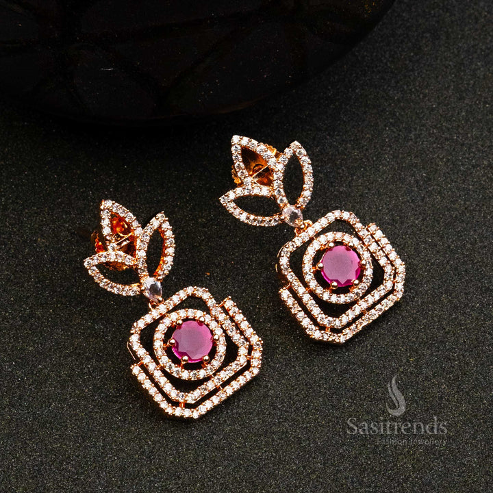 Scarlet Duchess Charm earrings with ruby American Diamonds in rose gold – stylish partywear jewellery piece – Sasitrends