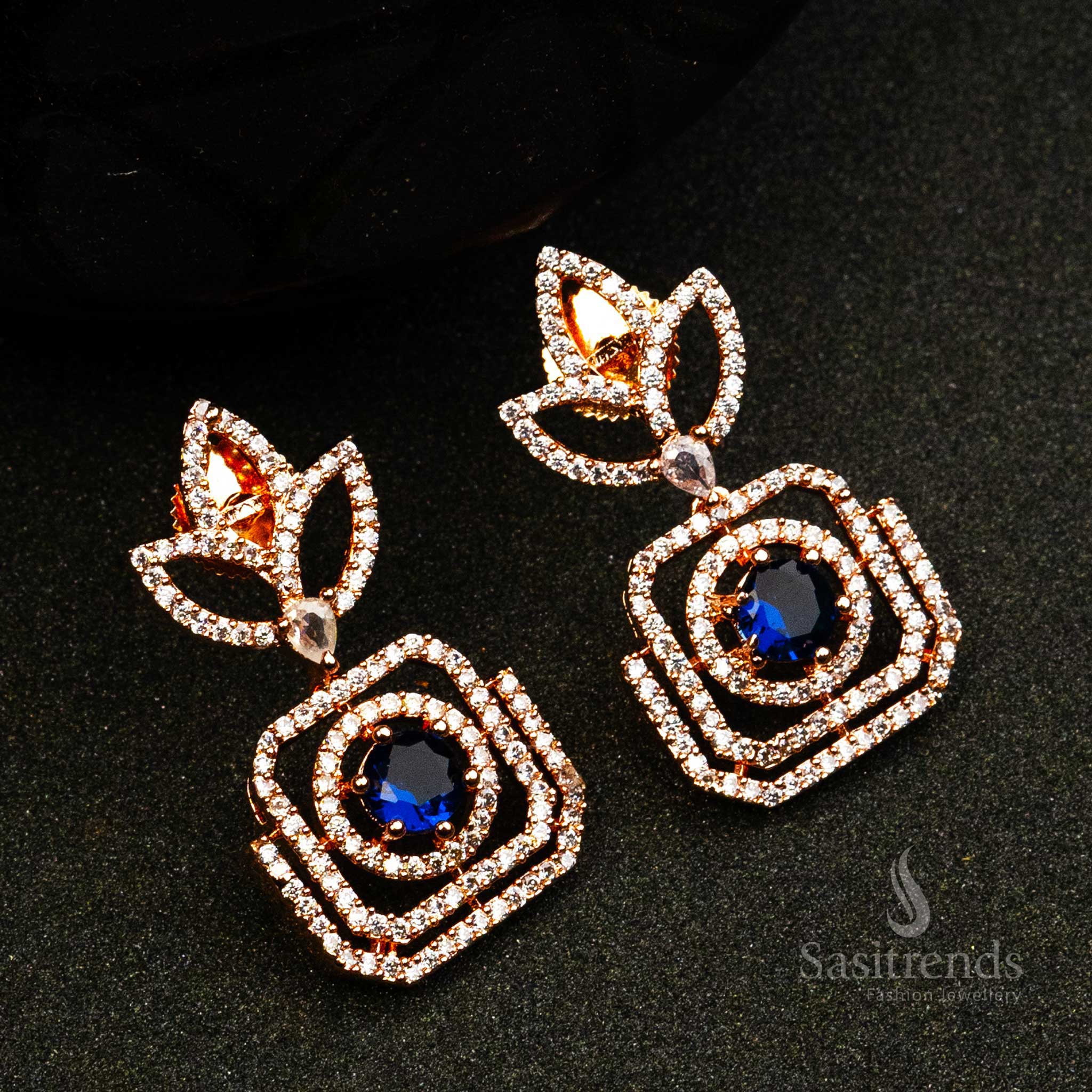 Royal Sapphire Twinkle earrings with blue AD stones and rose gold finish – classy designer jewellery for evening glam – Sasitrends