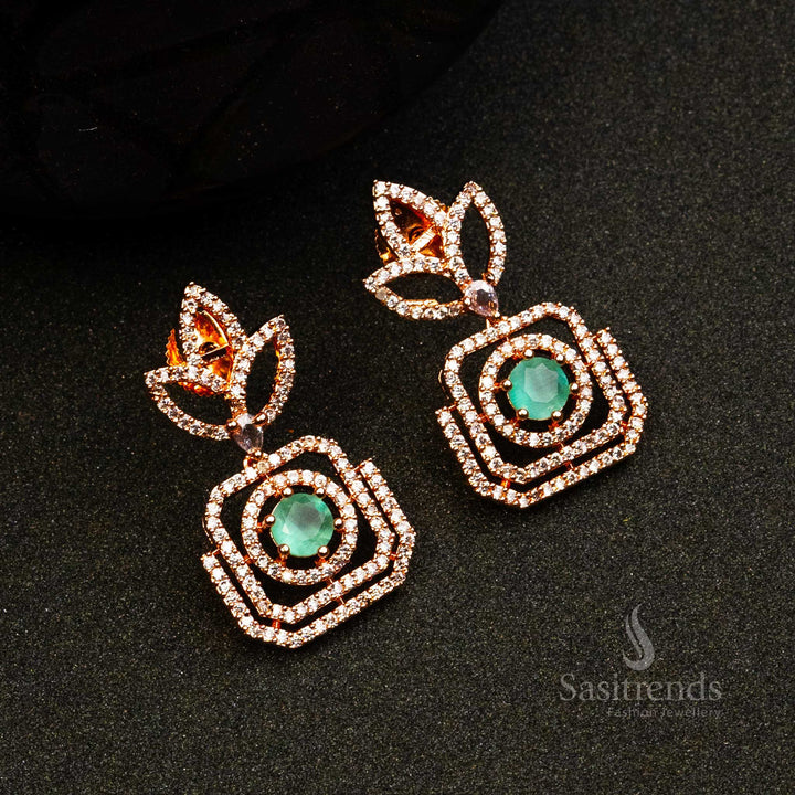 Mint Royale Spark rose gold earrings with greenish mint AD stones – chic jewellery look for modern girls – Sasitrends