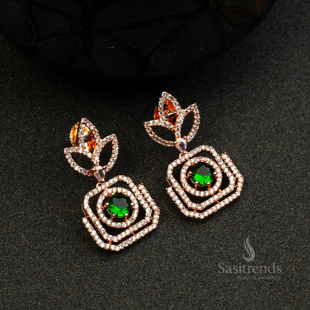 Emerald Empress Glint rose gold earrings with green AD stones – bold ethnic partywear jewellery style – Sasitrends