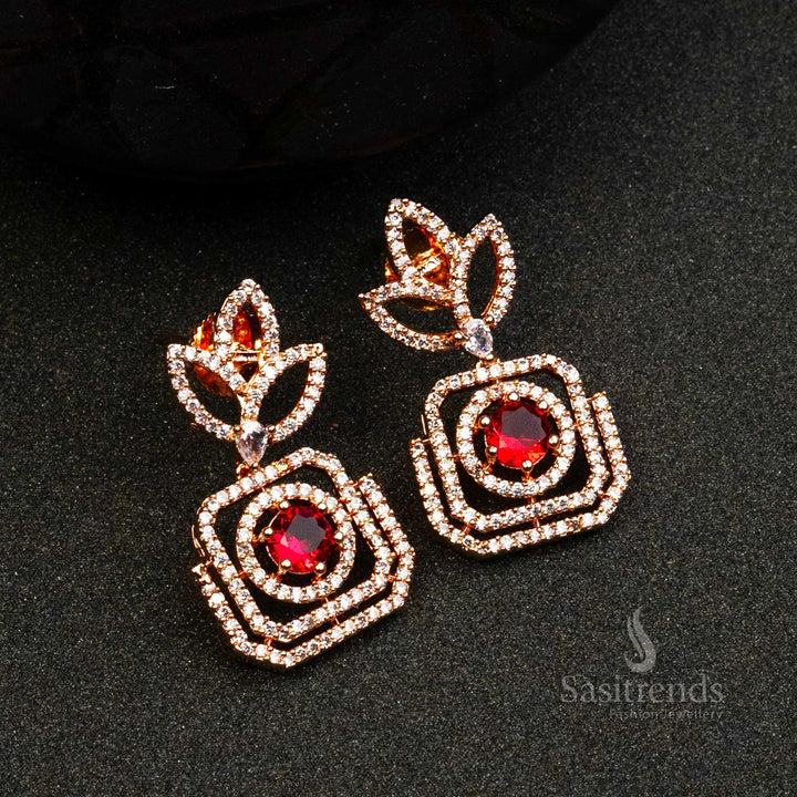 Red Regal Shine earrings in rose gold with red AD stones – modern festive jewellery for traditional wear – Sasitrends