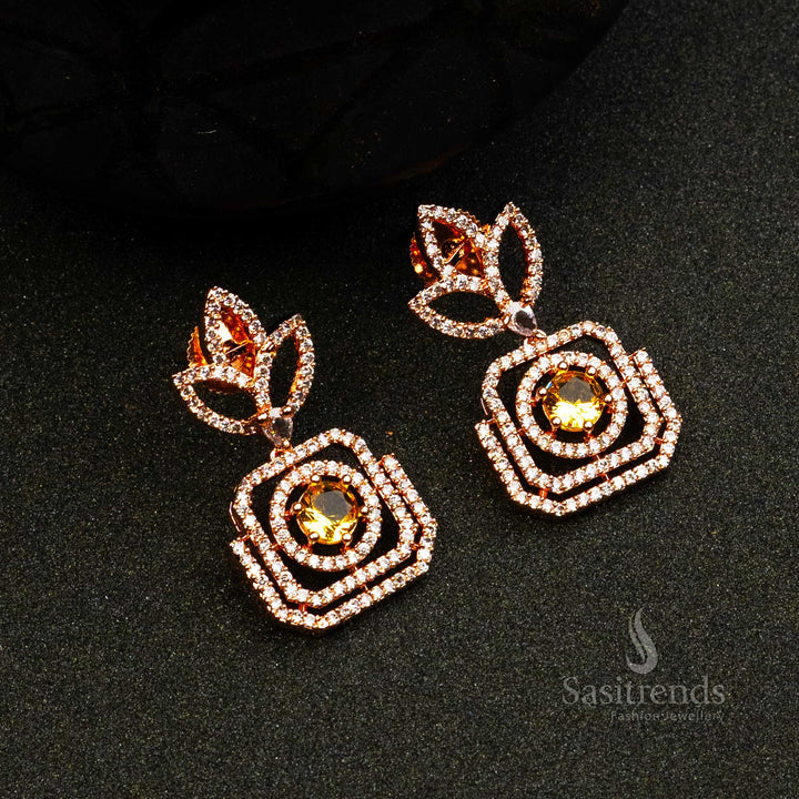 Sunlight Shimmer Glow yellow American Diamond earrings in rose gold – daytime festive accessory for sarees – Sasitrends