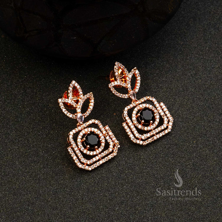 Midnight Aura Dazzle rose gold earrings with black AD stones – bold modern partywear jewellery look – Sasitrends